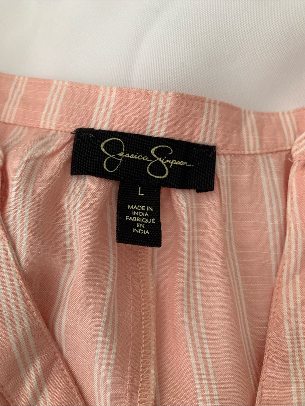 Jessica Simpson Pink & White Striped Tunic Blouse Puffed Sleeves Large Cottage - Picture 5 of 9
